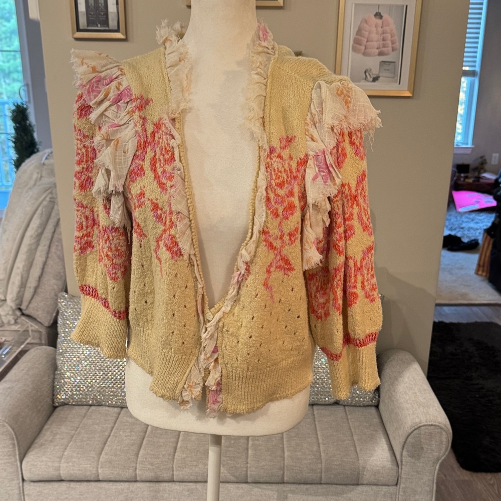 Free People Cream and Pink Floral Knit Cardigan